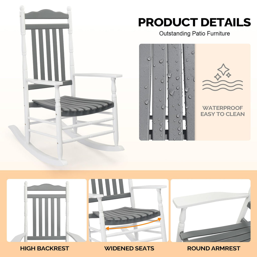Wooden Rocking Chair Set of 2, Outdoor Rocking Chair, Grey&White