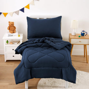 Toddler Bedding Set for Boys Girls, 4 Pieces Soft Crib Bed Set Including Comforter, Sheets and Pillowcase, Navy Blue