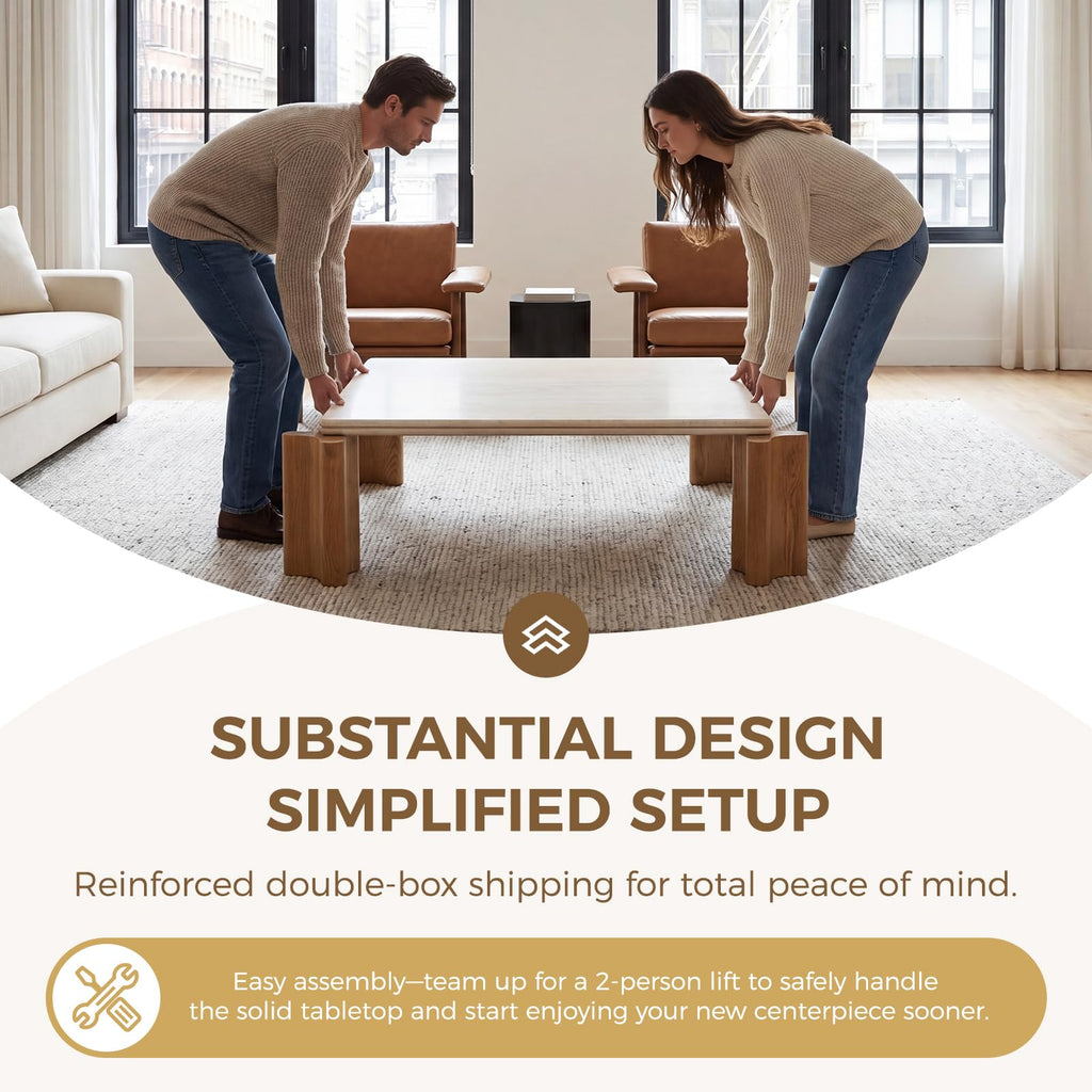 Large Faux Travertine Coffee Table, 47" with Curved Wood Legs