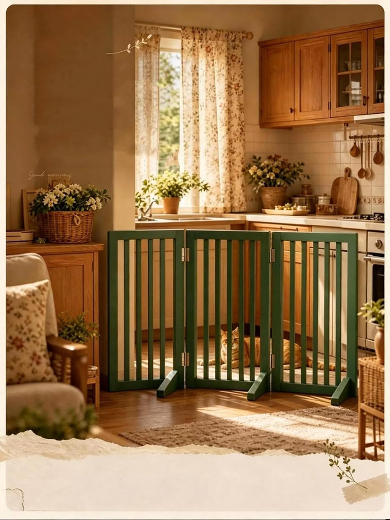Wooden Dog Gate with Stands, Adjustable Green Doorways Pets Safety Fence