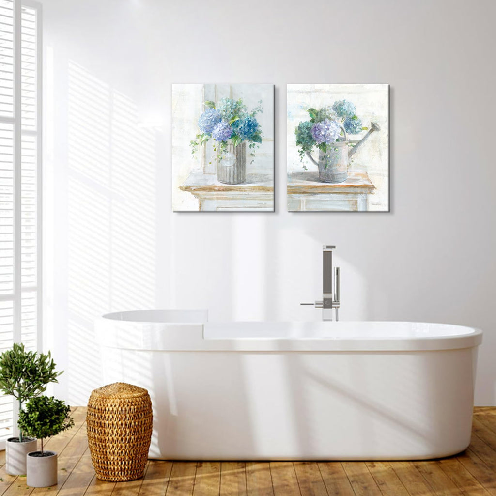 Blue Hydrangea Bathroom Wall Art 2 pcs Farmhouse Rustic Flower Art Botanical Floral Posters Paintings Framed Artwork