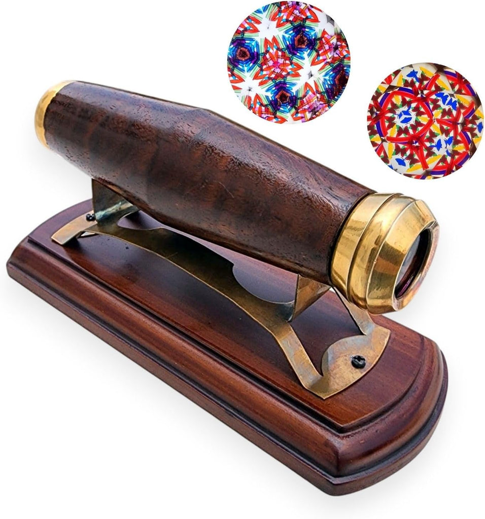 Handcrafted Brass Kaleidoscope with Premium Wooden Stand - Vintage-Inspired Kaleidoscope with Colorful Glass Patterns