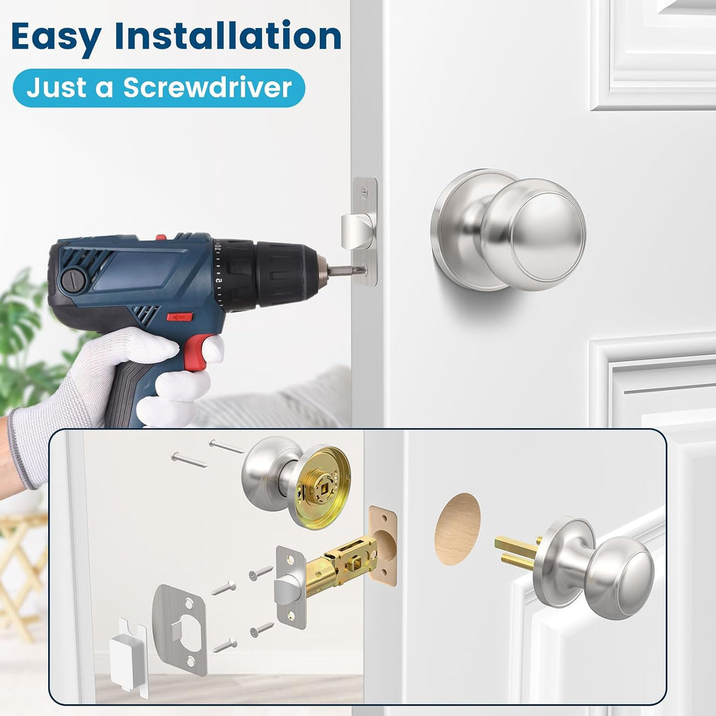 6 Pack Brushed Nickel Door Knob, Round Interior Door Knobs Closet, Non-Locking Passage Door Knobs, Keyless Door