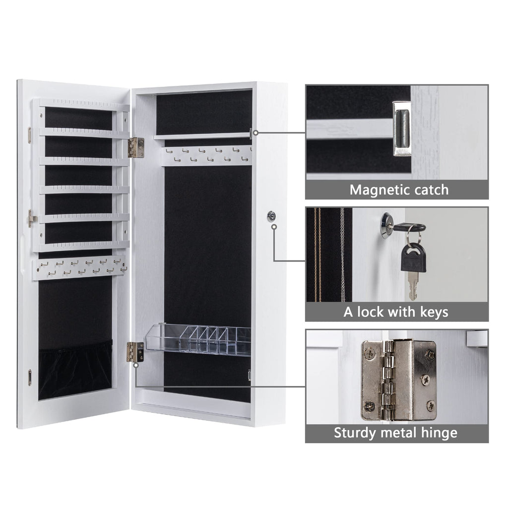 Lockable Jewelry Cabinet Armoire with Frameless Mirror - White