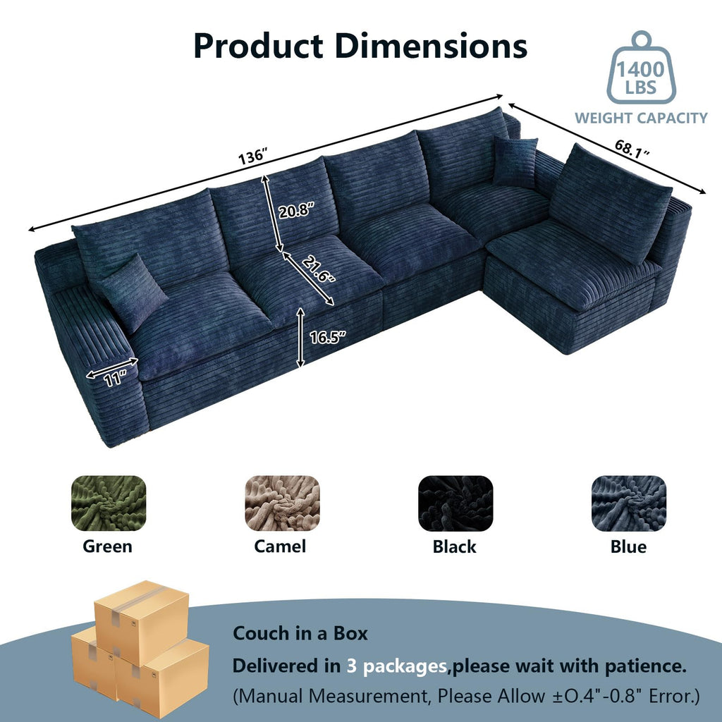 136" Cloud Boneless Sectional Couches 5-Seater, Blue