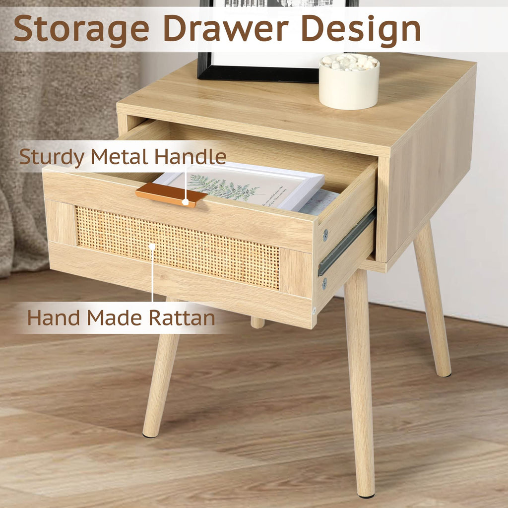Nightstands Set of 2 with Drawer Mid Century Modern Bedside Table Set of 2 Rattan Drawer with Storage Wooden Accent