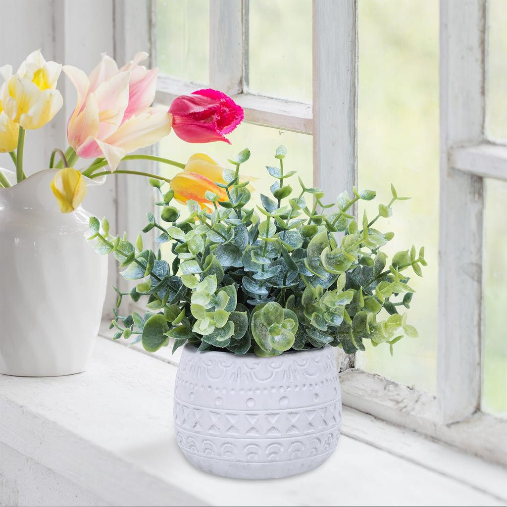 Set of 2 Small Artificial Potted Plants Faux Eucalyptus Plant in White Geometric Ceramic Pots Small Desk Potted