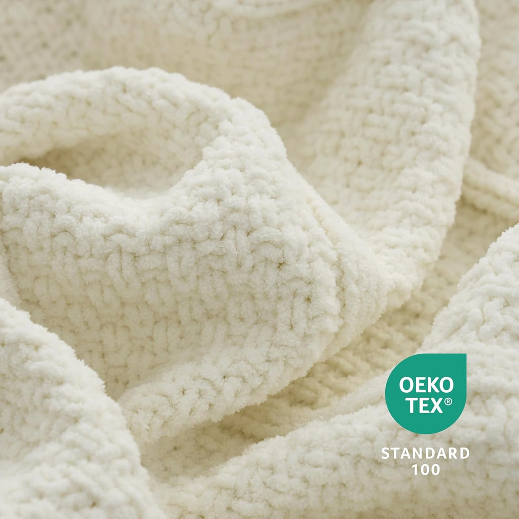 Premium Chenille Throw Blanket, Soft Cozy Moss Stitch Knit Blanket, Chair, Home Decor, Cream White 50"x60"