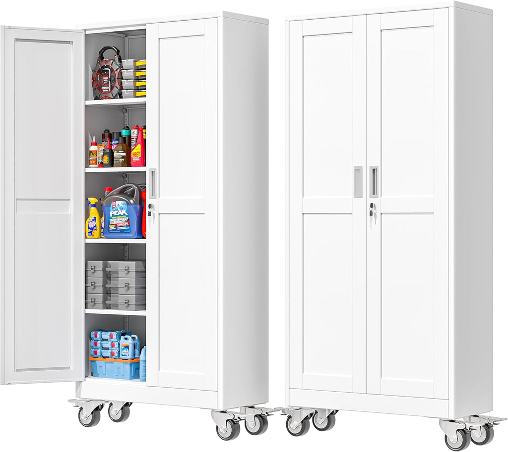 71''H Tall Metal Garage Storage Cabinet with Wheels,Steel File Cabinets with 2 Doors and 4 Adjustable Shelves
