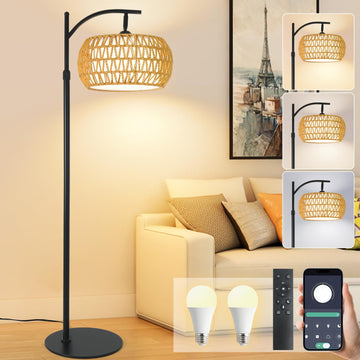 Black Boho Rattan Floor Lamp with Remote & App Control, 12W LED Bulbs (1 Spare), 180° Adjustable Head, 280mm Cast