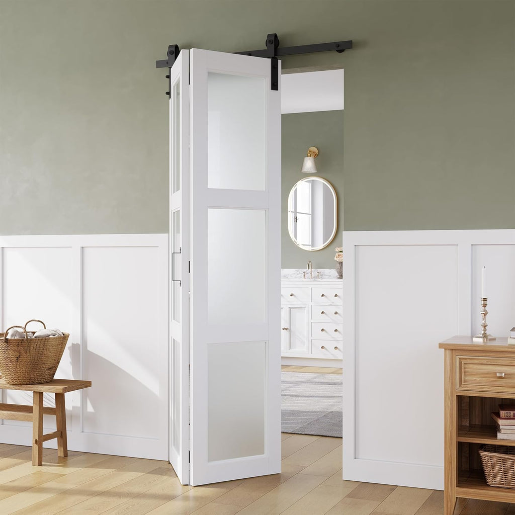 28in x 84in Bifold Barn Door, Frosted Glass Barn Door with Hardware Kit Included, Pre-Drilled Holes 