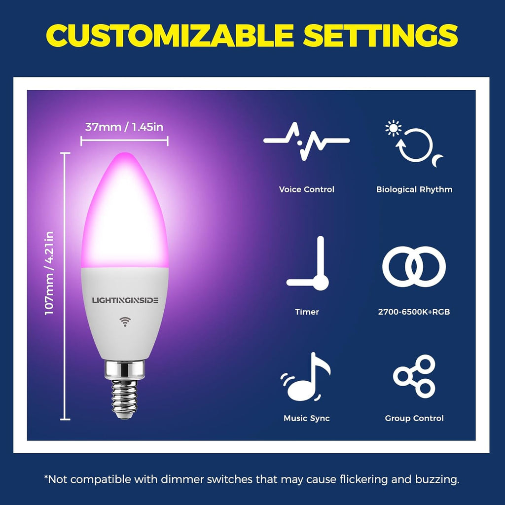 E12 Smart Light Bulbs 60W Equiv., Work with Alexa/Google Home/SmartLife, 500LM 6W RGBCW Candle Candelabra LED Bulbs