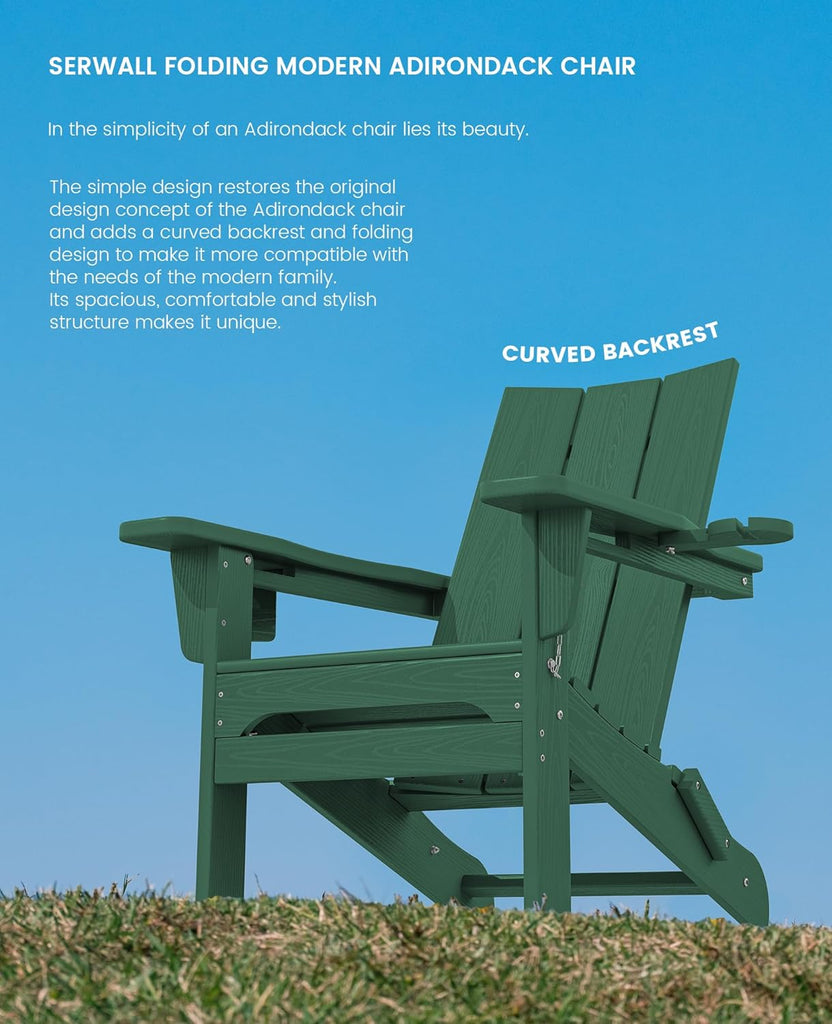 Modern Folding Adirondack Chairs Set of 2, HDPE, Cup Holders, Green | Outdoor All-Weather Lawn Adirondack Chairs Wood