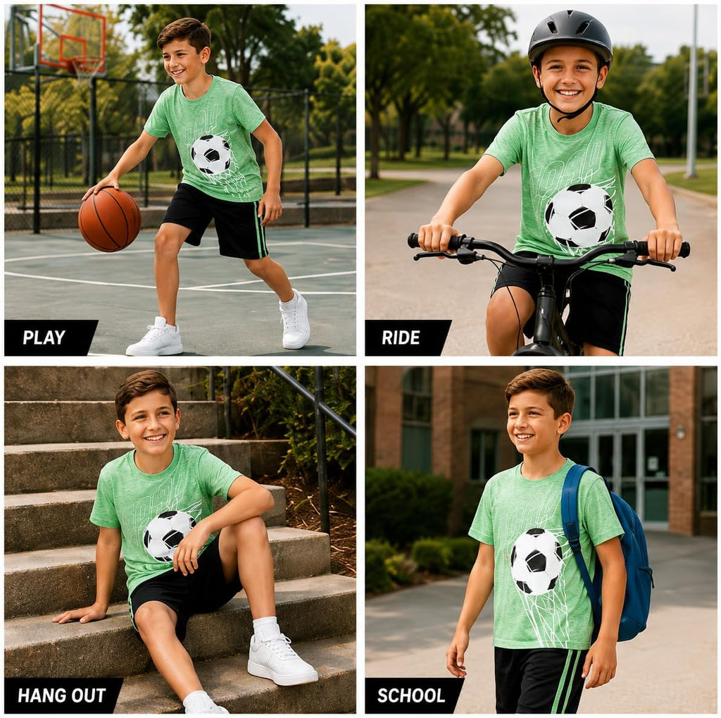 Active Boys Short Sets - 2 Piece Performance Crewneck Short Sleeve T-Shirt and Shorts Boys Athletic Sets