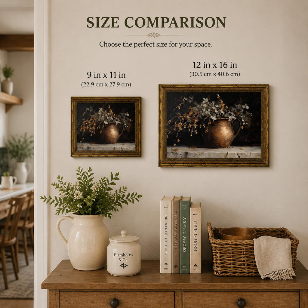 Gold Framed Vintage Eucalyptus Canvas Wall Art Rustic Farmhouse Copper Vase Botanical Pictures Print Moody Autumn