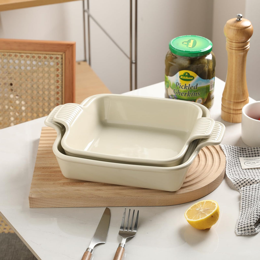 Ceramic Baking Dish, 8 x 8 Cake Baking Pan for Brownie, Porcelain Square Bakeware with Double Handle for Casserole