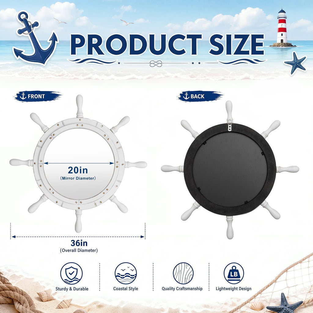 Nautical Ship Wheel Mirror Wall Mounted, White Handle, 36 Inch