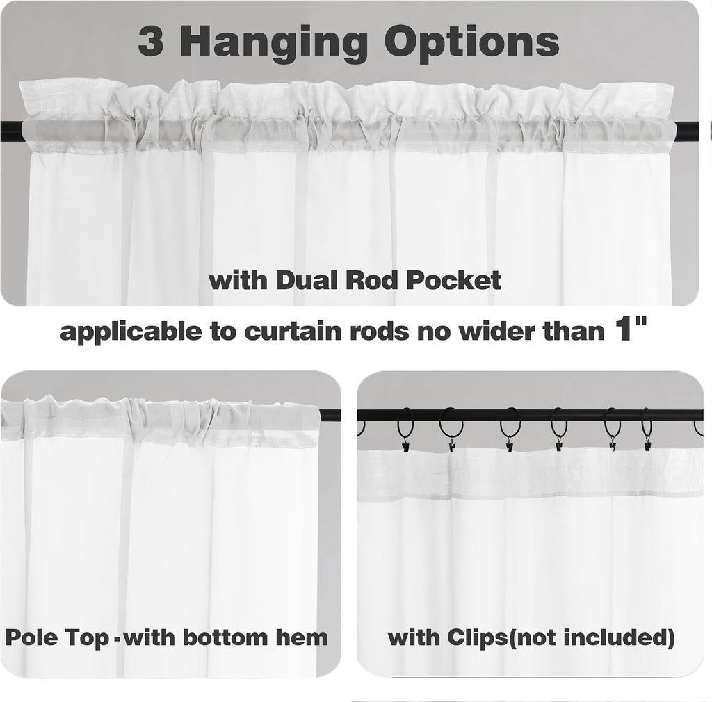 Sheer White Valances for Windows 2 Pack, Small Window Curtains for Living Room Bathroom Cafe Laundry Basement, Modern