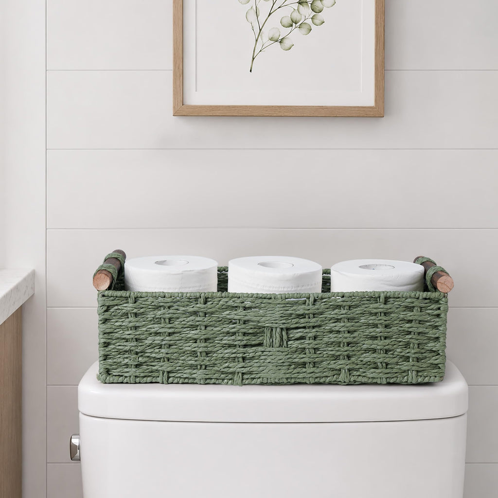 Round Paper Rope Storage Basket Wicker Baskets for Organizing with Handle Decorative Storage Bins for Countertop