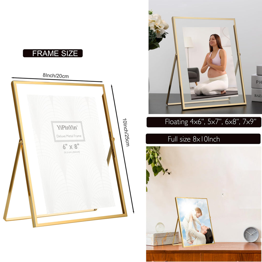 Gold 8x10'' Floating Frame Set of 2, For Photo Sizes (4x 6'', 5x7, 7x9''), Metal Frames for Tabletop/Shelf