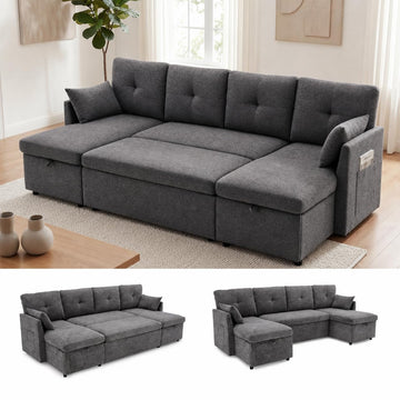 100" Sleeper Sofa Couch, Sectional Sofa Bed, Dark Grey