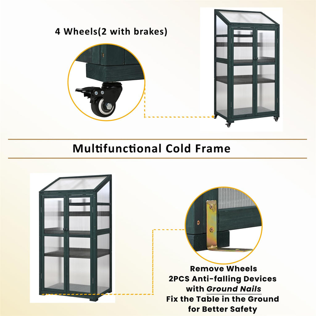 Wooden Greenhouse, Cold Frame Portable Greenhouse with Wheels and Adjustable Shelves for Indoor Outdoor Patio Balcony