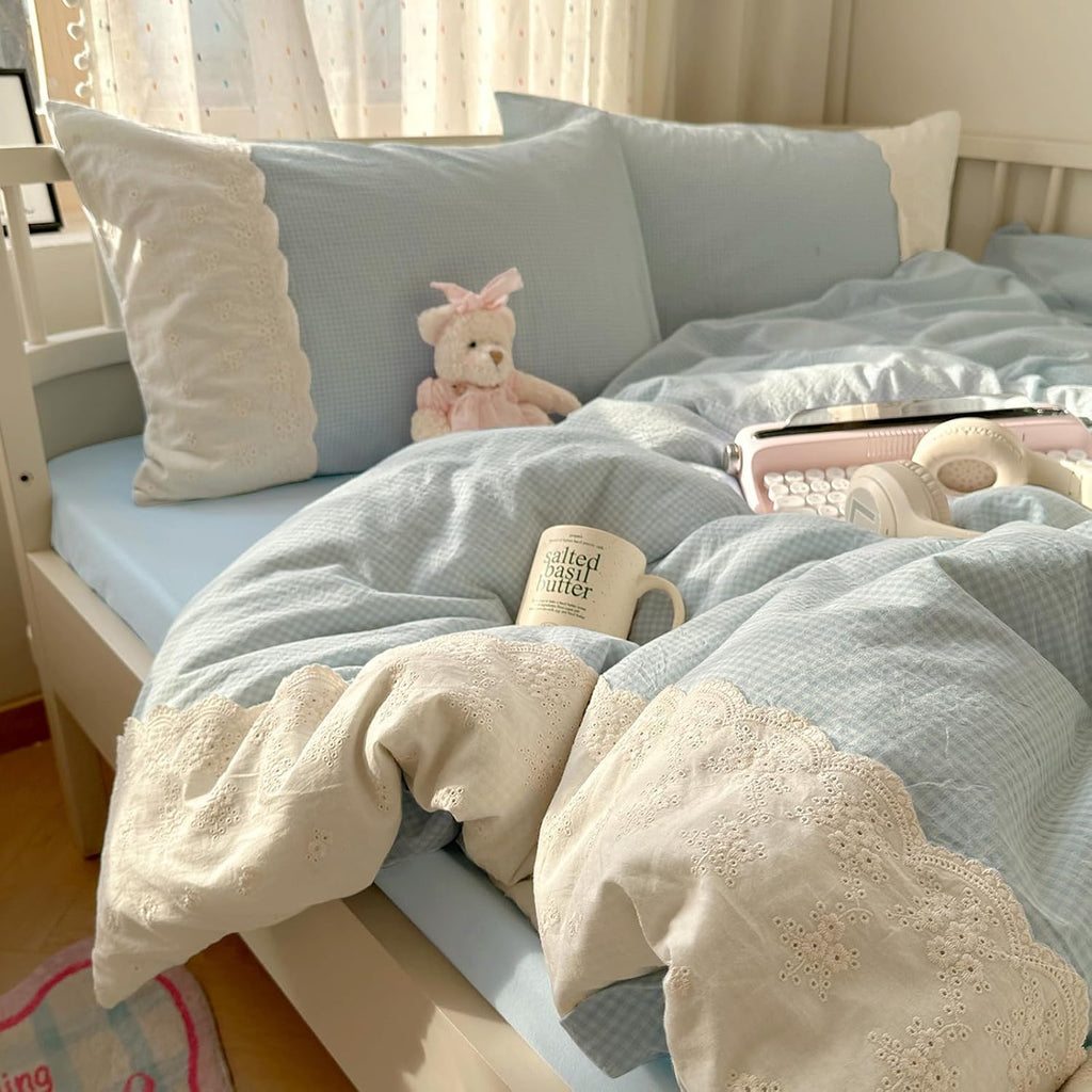 Light Blue Gingham Comforter Set - 3 Piece Soft Washed Microfiber Plaid Bedding Set with Lace Trim, All Seasons