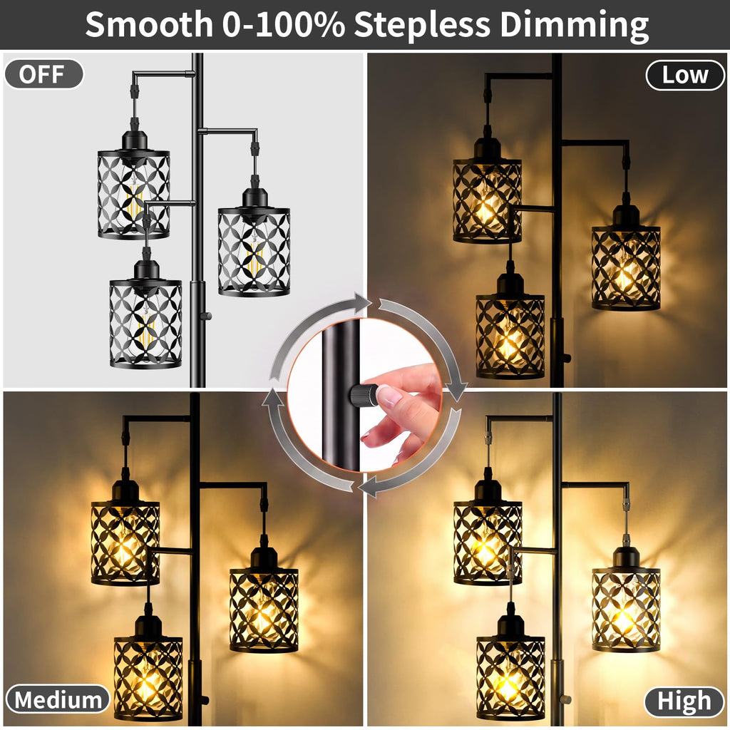 68" Industrial Tree Floor Lamp, Dimmable Farmhouse Tall Standing Lamp with Quatrefoil Cutout Shades & Rotary Dimmer