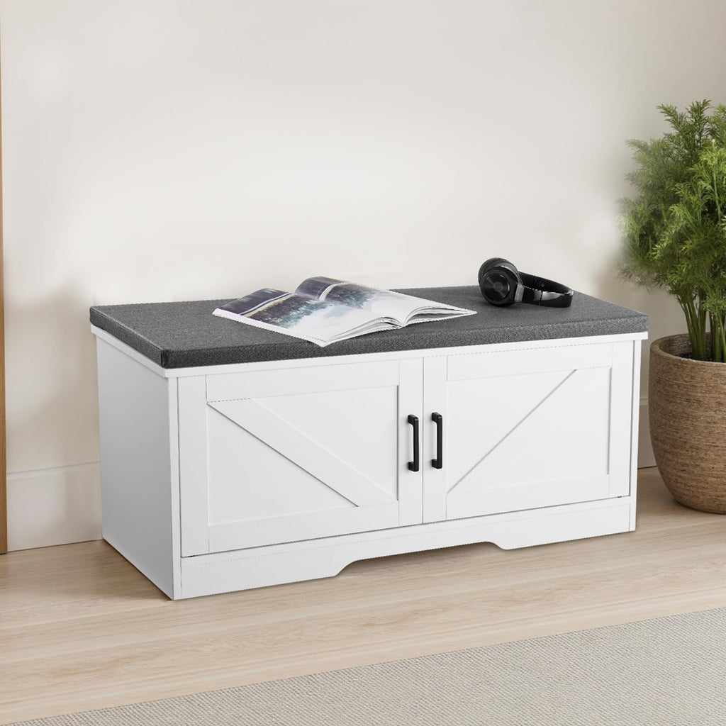Shoe Storage Bench with Padded Cushion & 2 Barn Doors, Entryway Bench 39.4 x 14.0 x 18.1 Inches