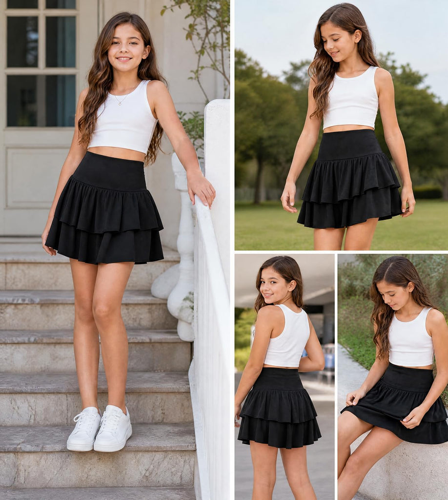 NEW Girls Tennis Skirt with Shorts High Waisted Foldover Tiered Ruffle Golf Active Skort
