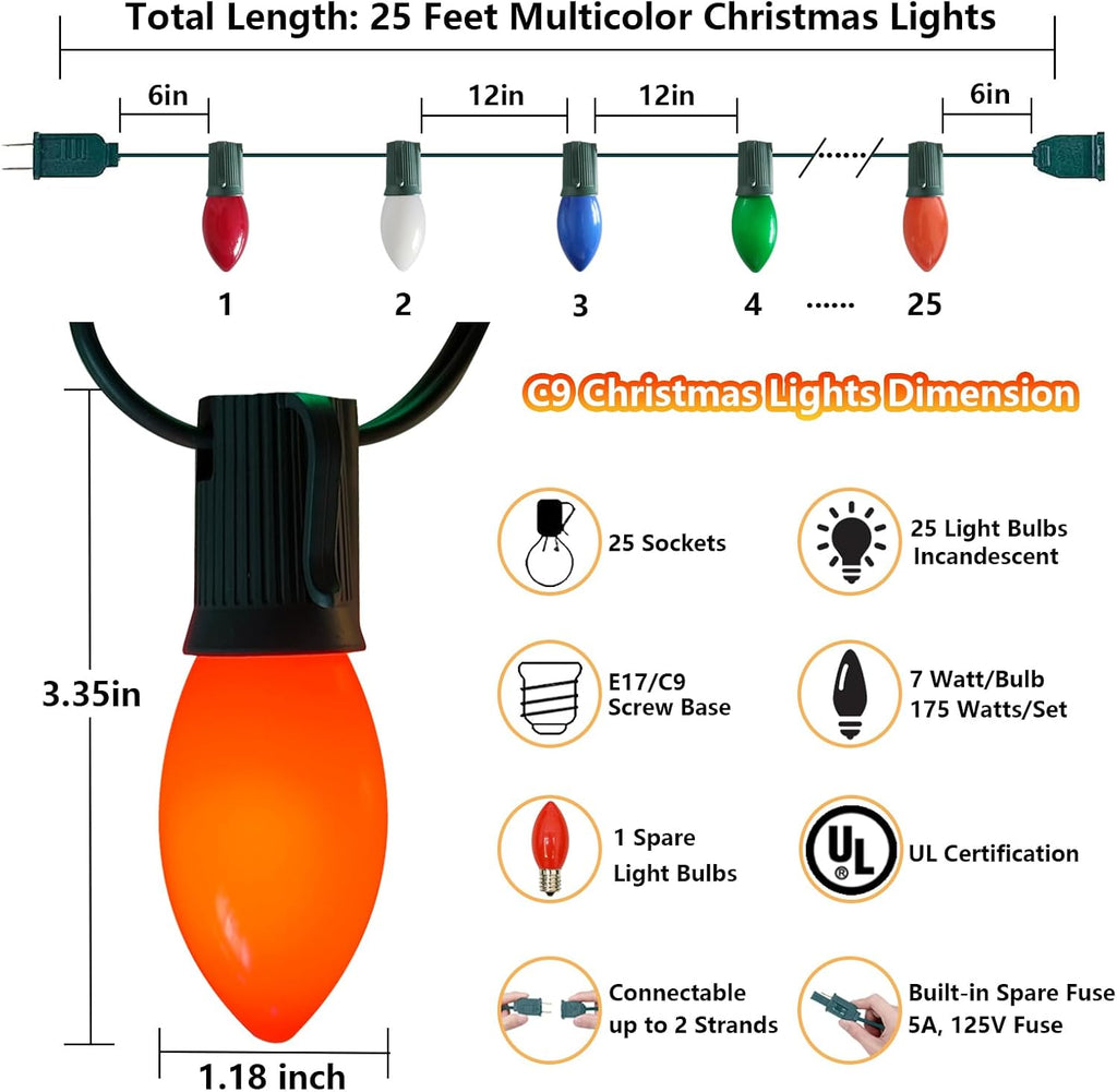 C9 Christmas Lights Outdoor 25Ft Vintage Incandescent Christmas Lights with 26 Multicolor Ceramic Glass C9 Bulbs(1