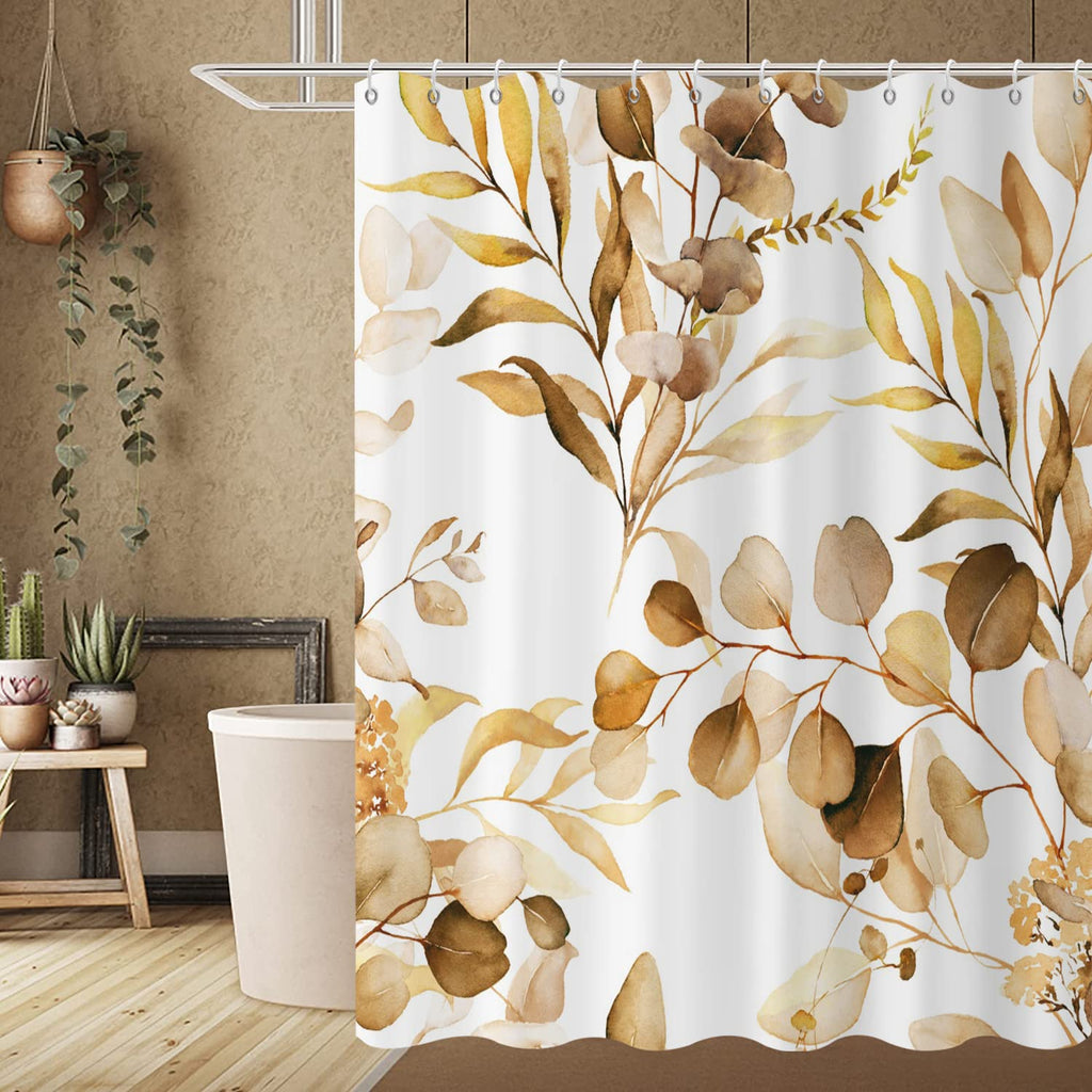 Brown Eucalyptus Leaf Stall Shower Curtain, Brown Botanical Watercolor Plants Bathroom Curtain Bathtub Home Decor