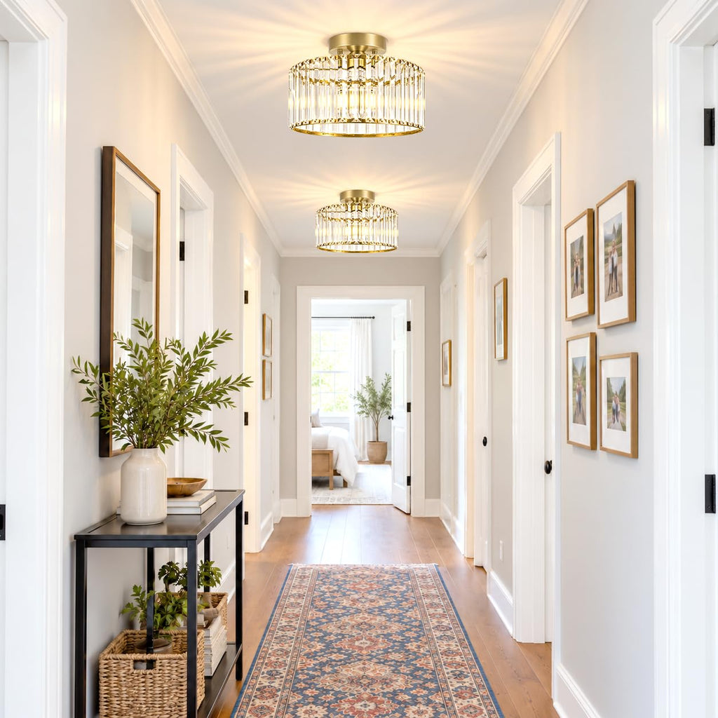 Crystal Ceiling Light Fixture, Modern Semi Flush Mount Ceiling Light, Gold Hallway Lighting Fixtures Chandelier