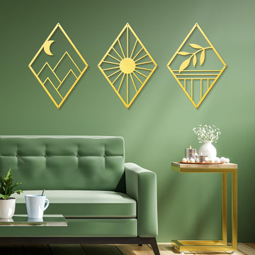 Gold Metal Wall Art, Boho Minimalist Geometry Wall Art, Bohemian Abstract Line Metal Art Wall Decor Bathroom Living