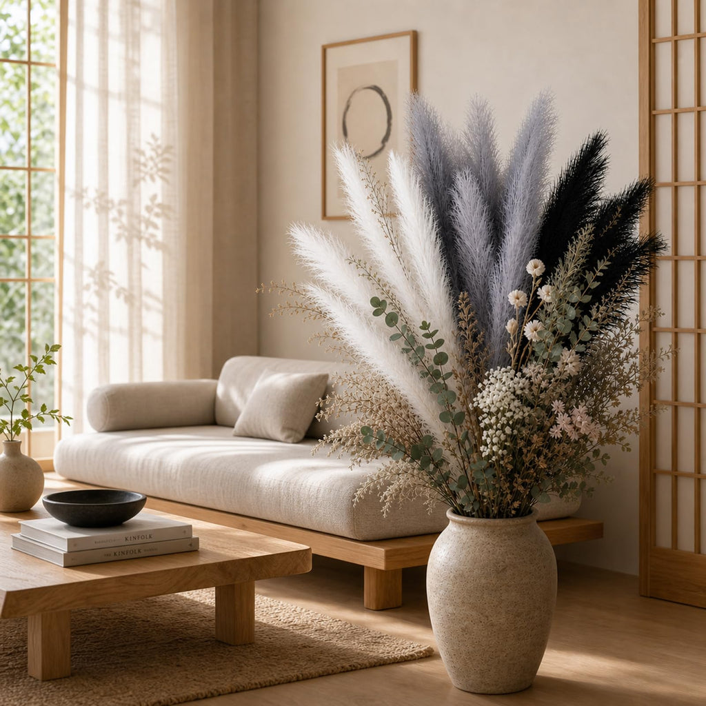 9 PCS 45" Artificial Pampas Grass Black & Dark Gray & White
