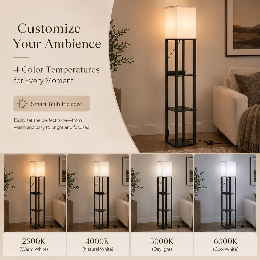 Solid Wood Floor Lamp with Shelves, Dimmable, Remote