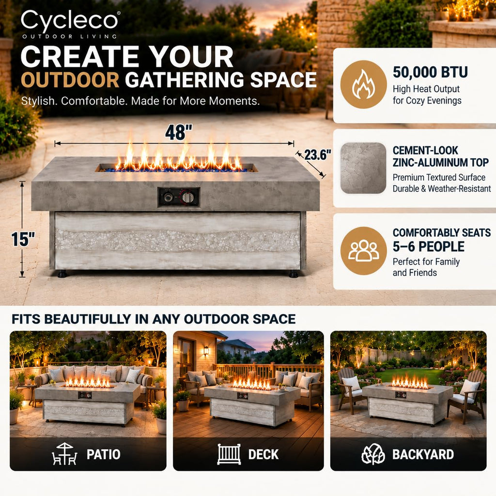 48 Inch Rectangular Outdoor Propane Gas Fire Pit Table, 50, 000 BTU