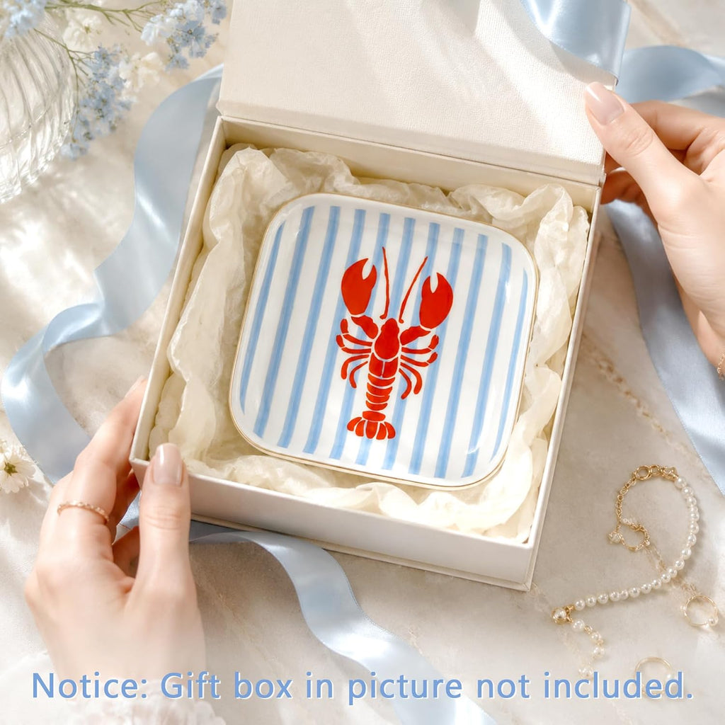 Crawfish Square Ring Dish Summer Crayfish Stripe Ceramic Jewelry Tray Watercolor Red Blue Lobster Trinket Dish