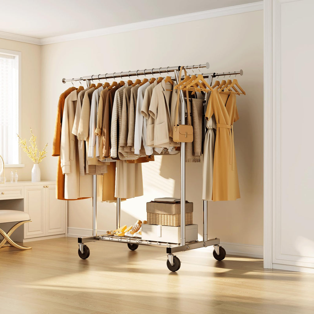 Heavy Duty Clothes Rack, Rolling Clothing Rack for Hanging Clothes with Shelves Load 700LBS, Portable Garment Wardrobe