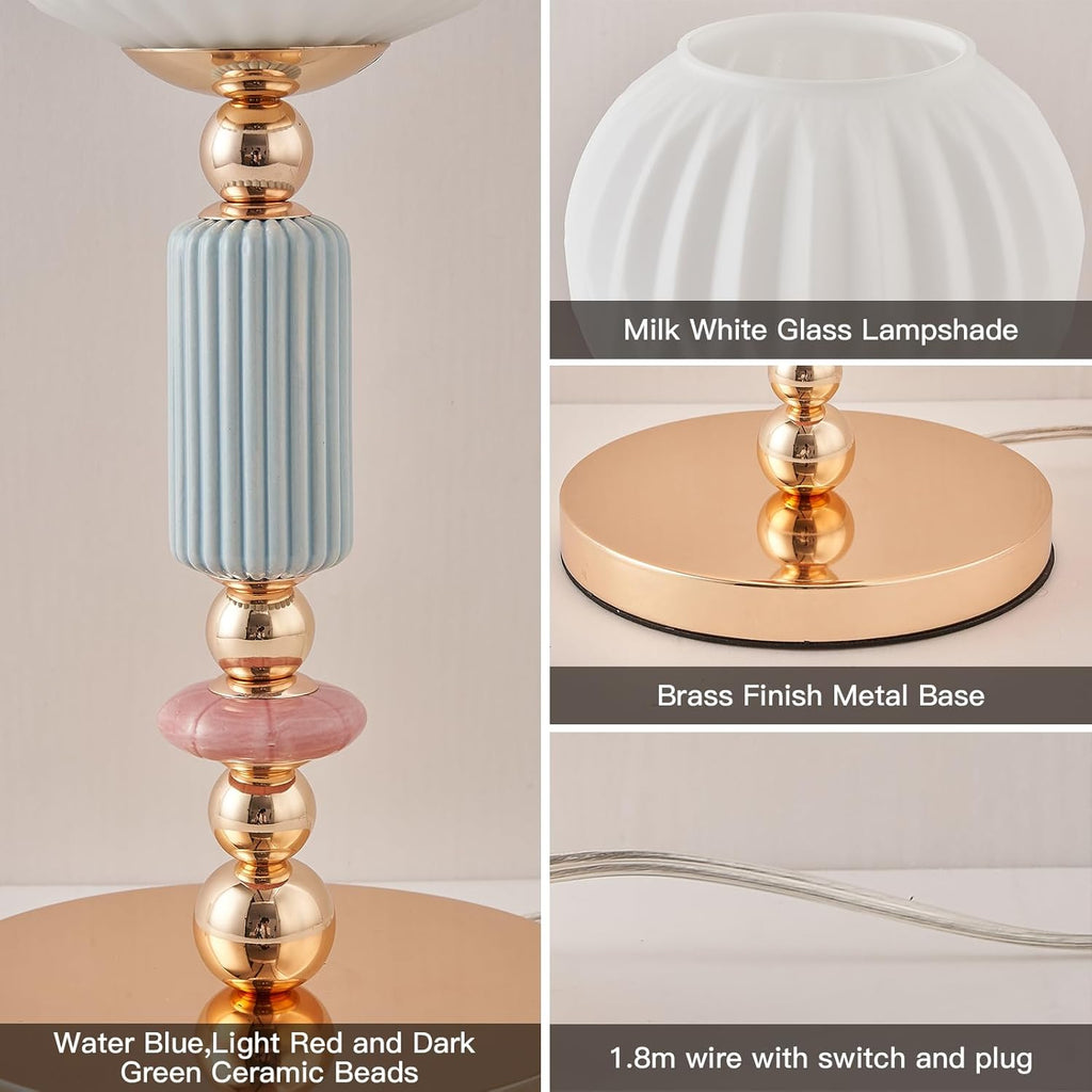 Modern Milk White Glass Table Lamp Bedside Nightstand Lamp Metal Desk Light with Plug Cord Switch Living Room Dining