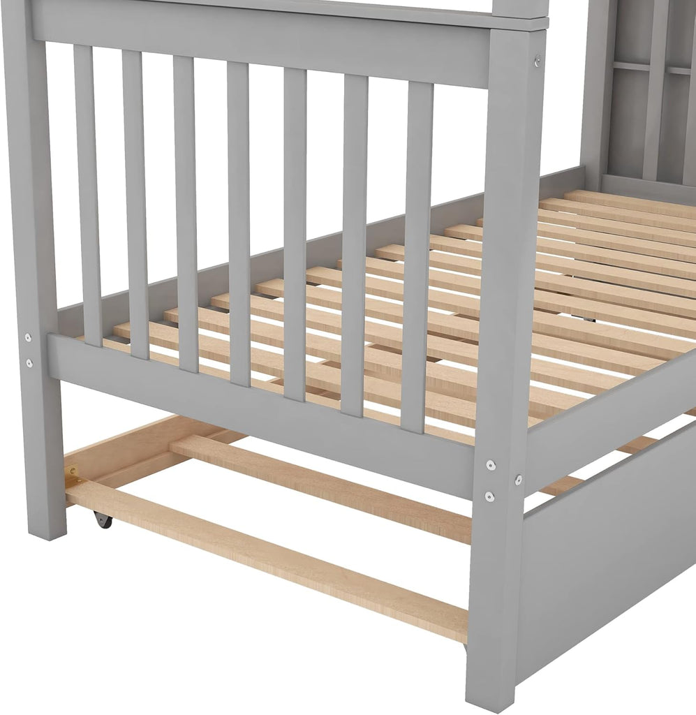 Stairway Bunk Bed Twin Over Twin with Trundle and Shelves,Can be Split into 3 Separate Beds,Wooden Triple Bunk Bed