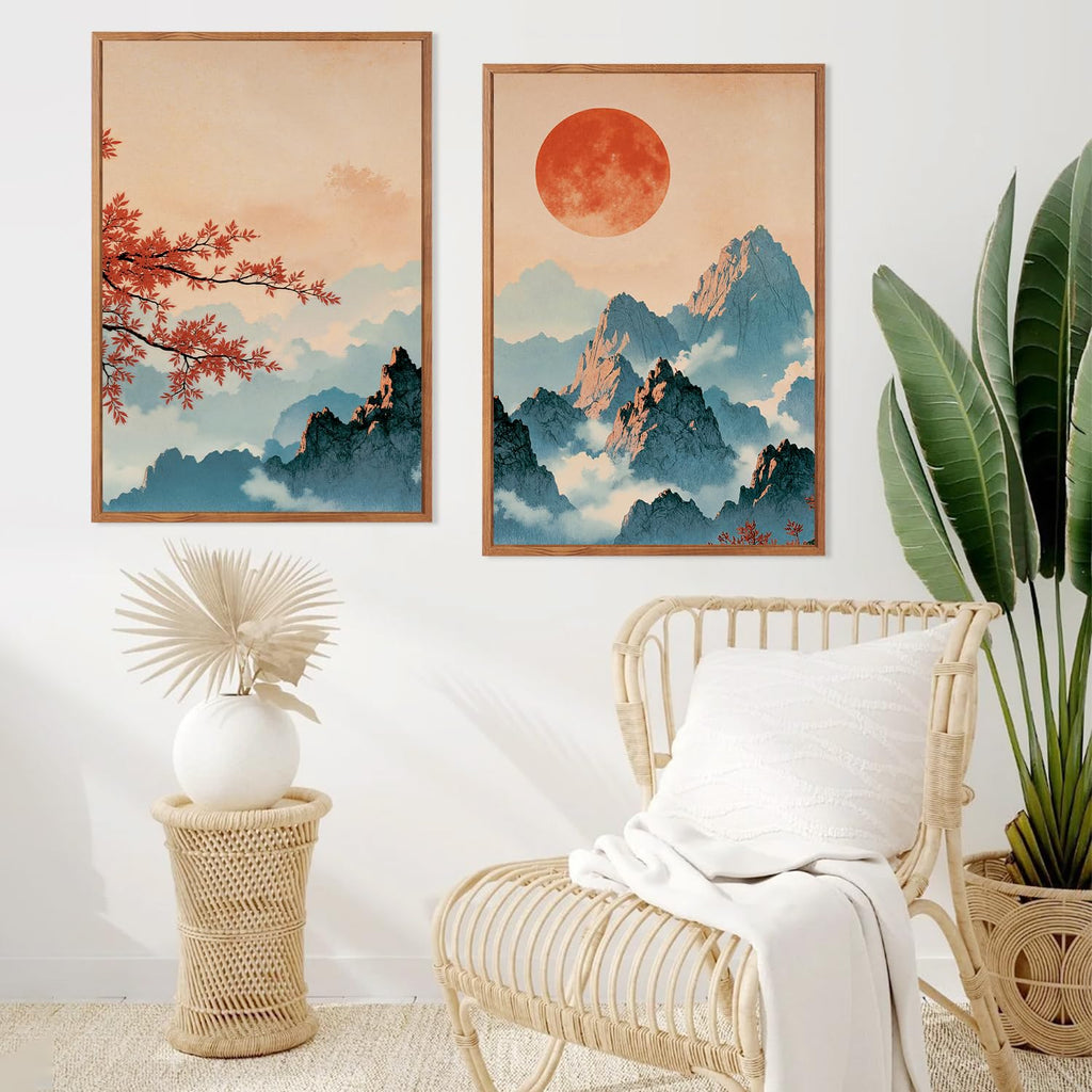 Large Boho Mountain Sunset Framed Canvas Wall Art Set of 3(16"X24")Pine Tree Red Flowers Wall Decor, Chinese Style