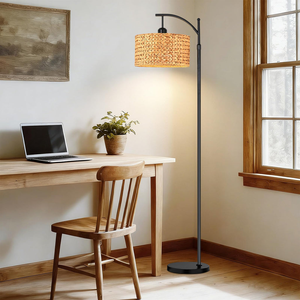 Floor Lamp Bedroom Farmhouse Arc Rattan Boho Standing Lamp with Remote Dimmable Black Wicker Bamboo Lamp Shade Floor
