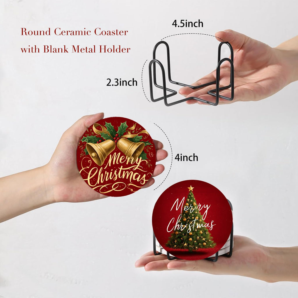 Merry Christmas Coasters Set of 6, Round Absorbent Ceramic Coaster, with Metal Holder and Cork Base, Santa Claus