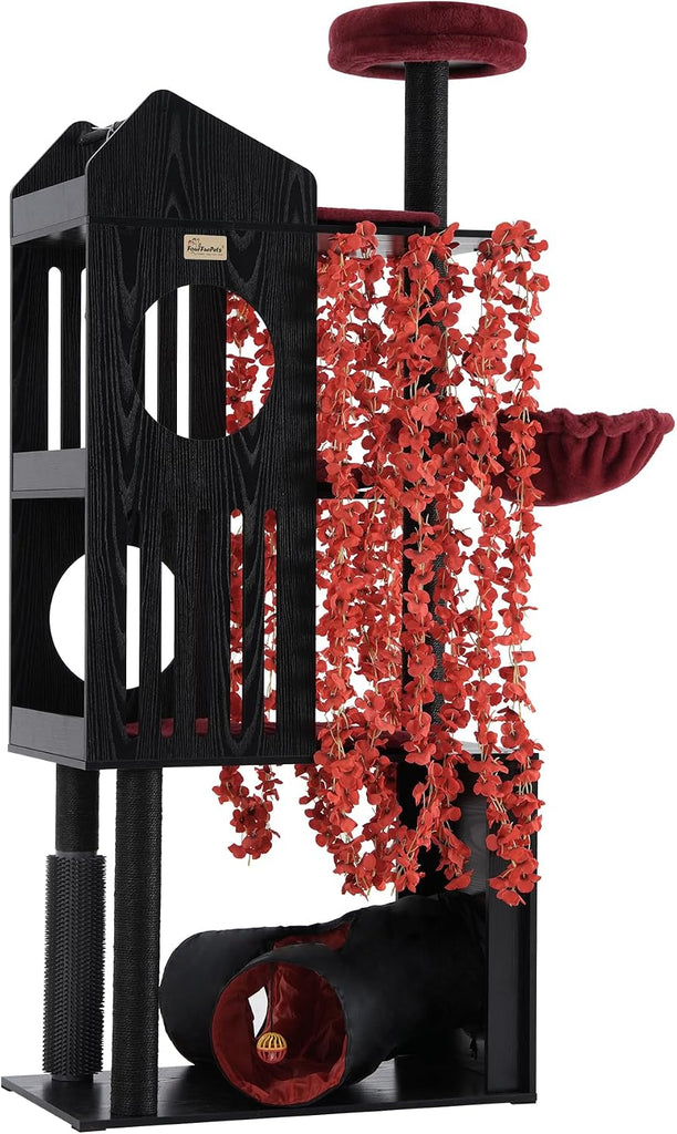 Gothic Cat Tree with Leaves, 67" Tall Cat Tower, Anti-tip Kit