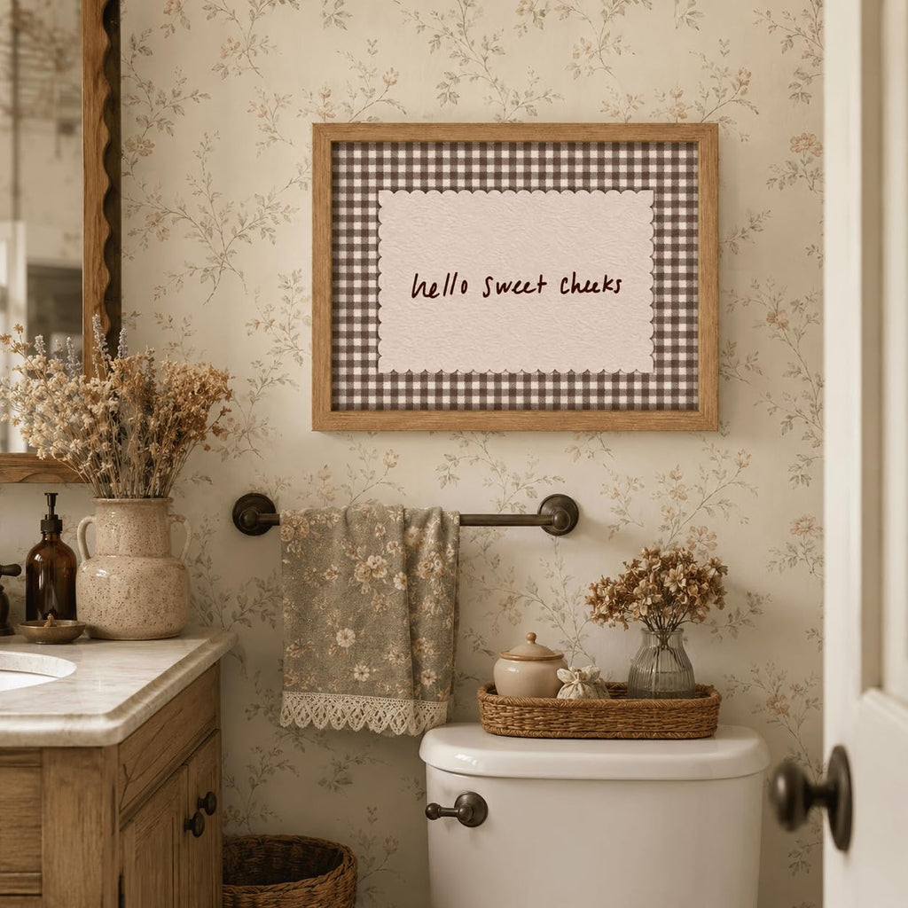 Framed Funny Bathroom Wall Art - Hello Sweet Cheeks Quote Canvas Print, Vintage Gingham Farmhouse Bathroom Decor