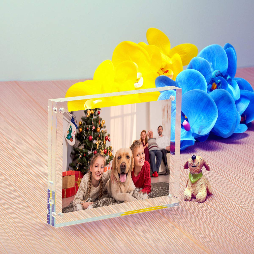 5x5 Clear Acrylic Picture Frames 3 Pack, 20% Thicker Blocks Self Standing Magnetic Photo Frame, Desktop Card Display