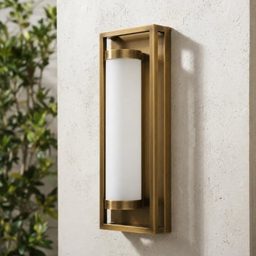 Mid Century Modern Outdoor Wall Sconce, Brushed Antique Brass