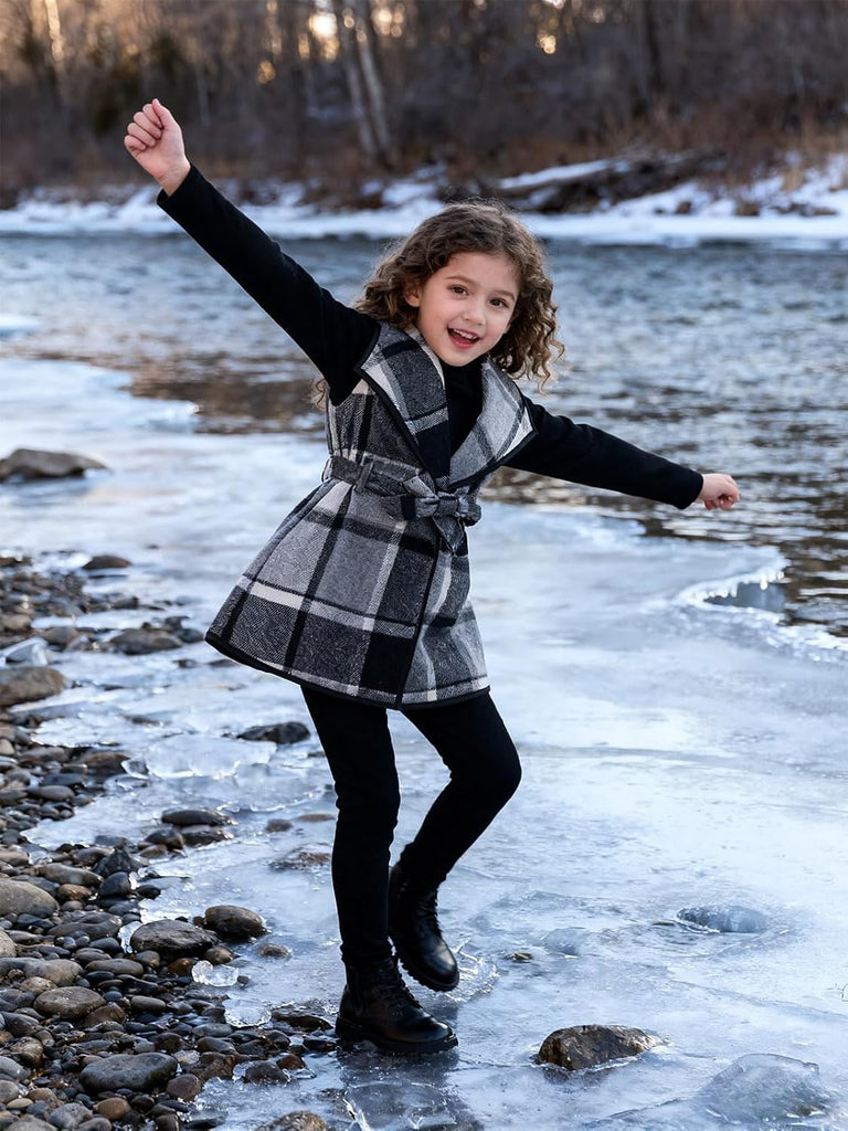 Kid Girls Clothes 3 Piece Outfits Plaid Flannel Belted Vest & Long Sleeve Top and Pants- Fall Clothing Sets