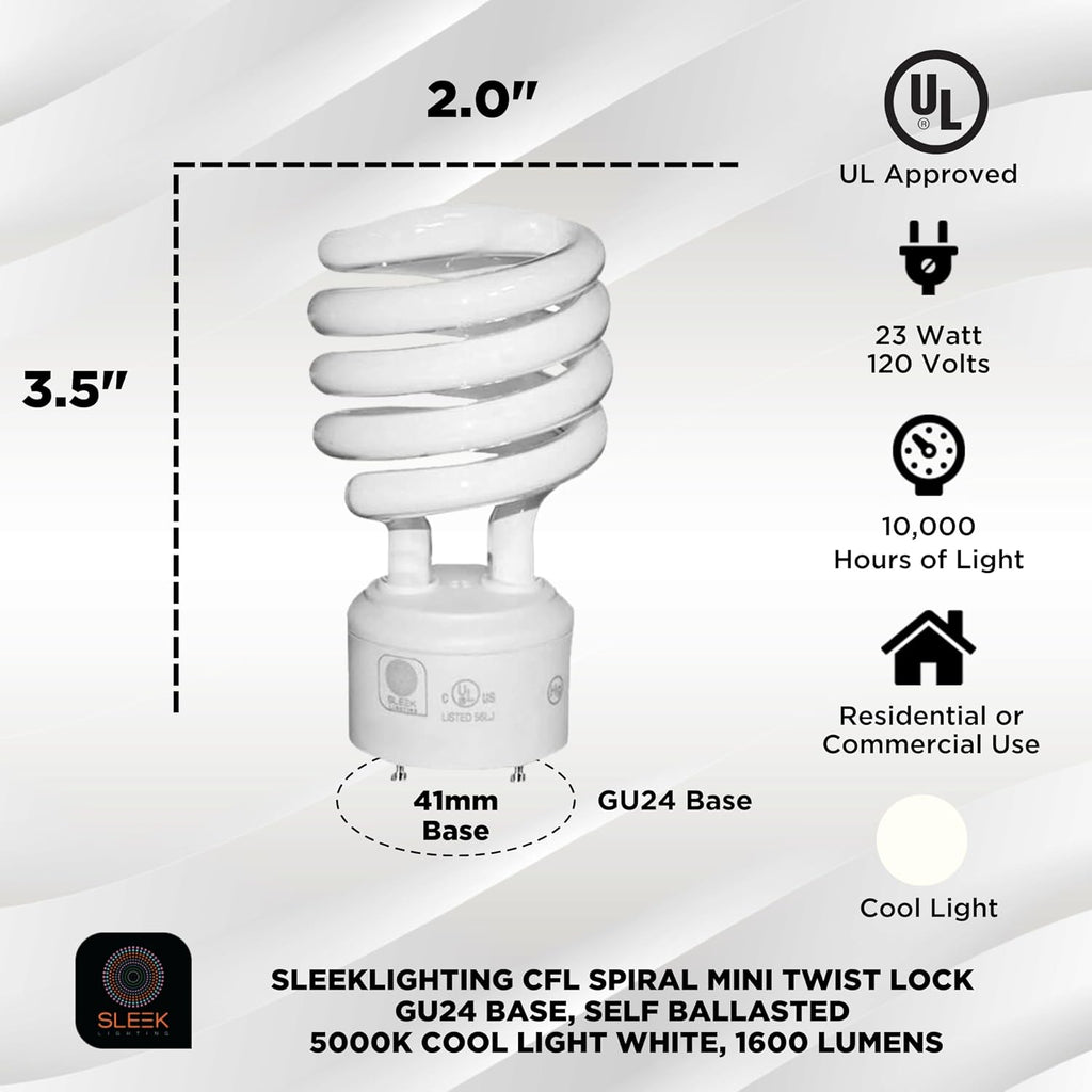 GU24 23W T2 Spiral CFL Light Bulb 5000K Daylight 2-Prong